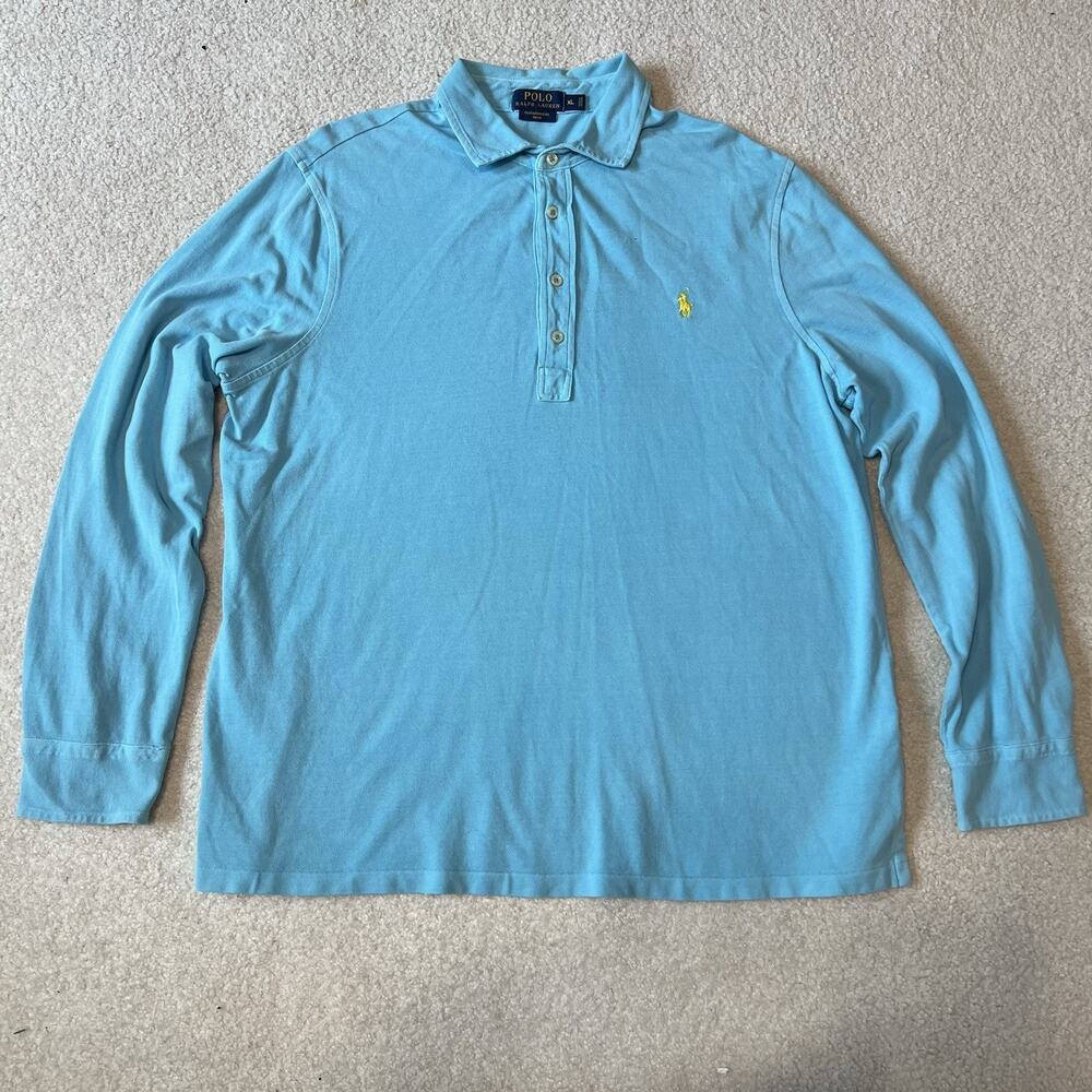 Polo Ralph Lauren Aqua Blue Yellow Pony XL Featherweight Mesh Long Sleeve Polo